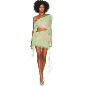LOBA, Ramona Style, Mini Dress in Pale Green Lace Cutout Ruffles Size L NWT #Z